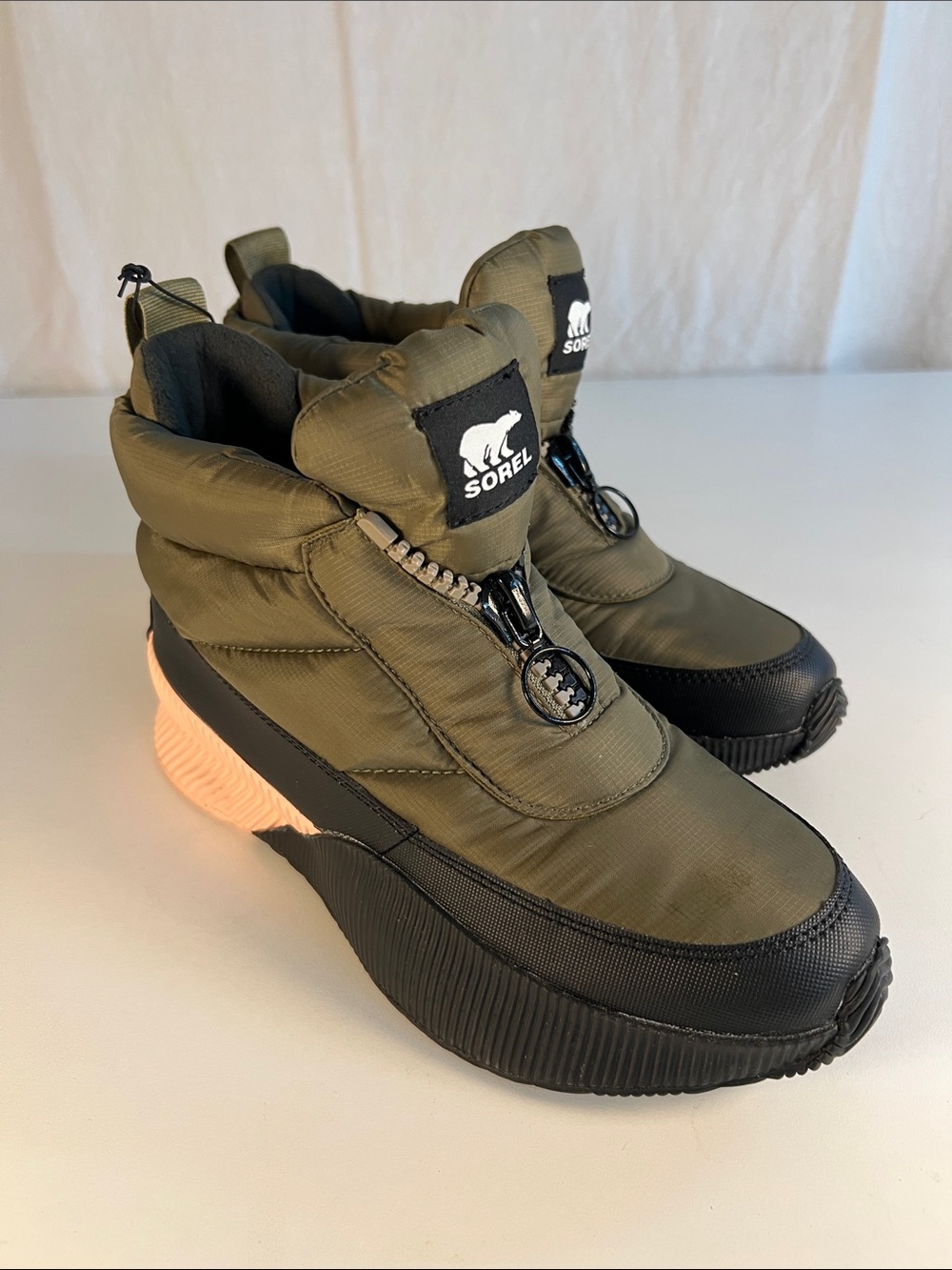 Sorel Kids Olive Green and Pink Puffer Boot